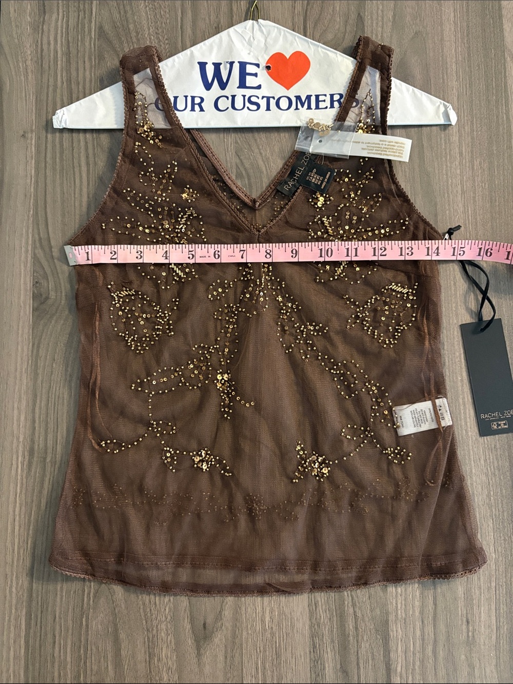Sheer Embellished Brown V-Neck Mesh Tank Top - Picture 3 of 17